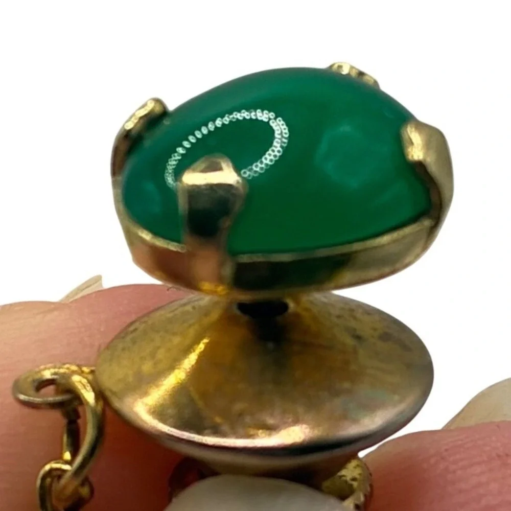 Vintage Gold Tone Green Cabochon Tie Tack with Security Chain and T-Bar Pin